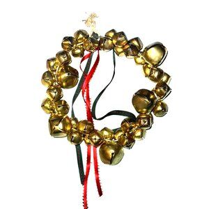 Gold Jingle Bell Wreath With Red & Green Ribbon Accents